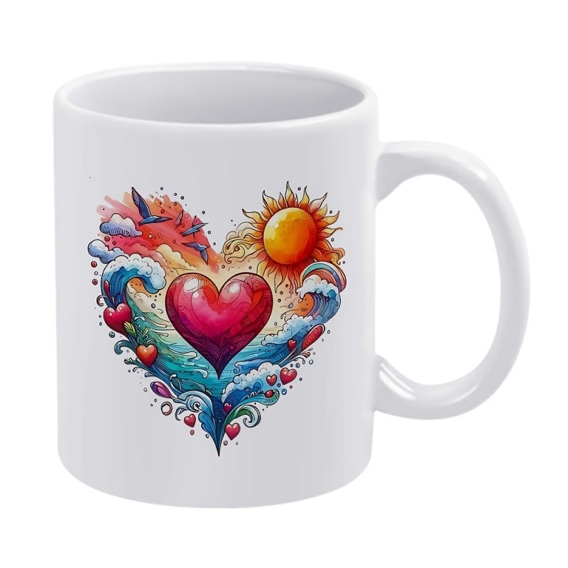 Tailorly White Ceramic 11 oz Mug - Vibrant Colorful Nature Elements With Sun And Ocean Waves Within A Heart