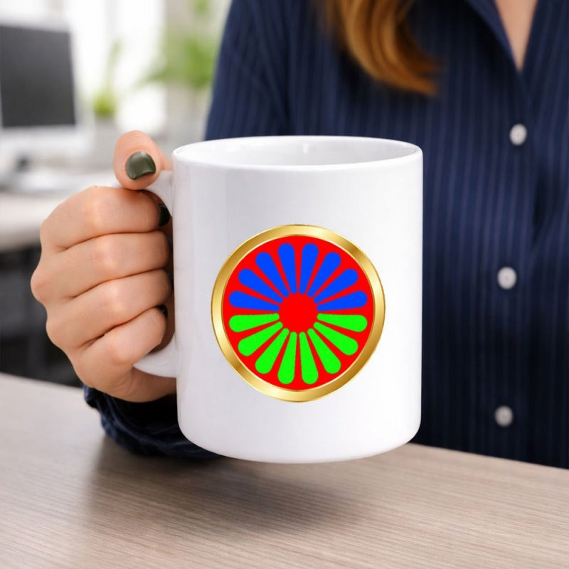 Tailorly White Ceramic 11 oz Mug - Vibrant Colorful Symmetrical Floral Petals Inside A Polished Golden Metallic Frame Emblem