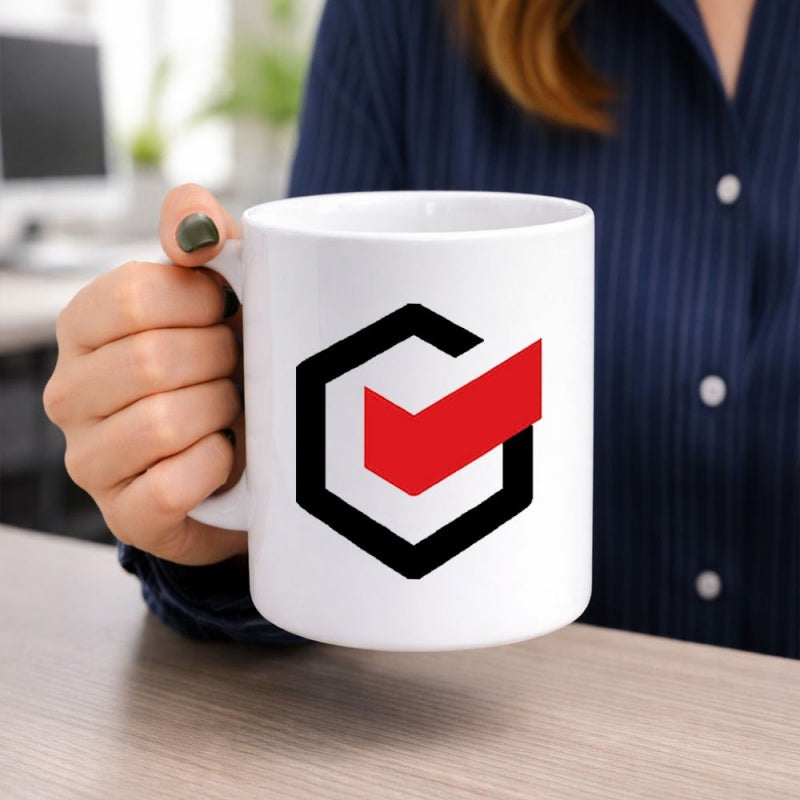 Tailorly White Ceramic 11 oz Mug - Modern Minimalist Hexagon Frame With A Bold Red Checkmark Mug