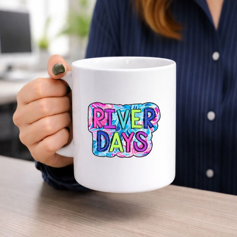 Tailorly White Ceramic 11 oz Mug - River Days Vibrant Colorful Tie Dye Pattern With Bubbly Stylized Letters Sign