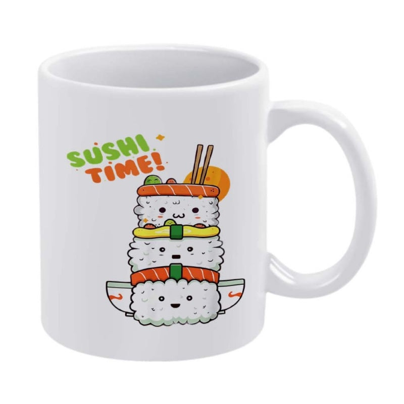 Tailorly White Ceramic 11 oz Mug - Sushi Time Adorable Cartoon Style Stacked Kawaii Rice Rolls With Tiny Smiling Faces Sushi