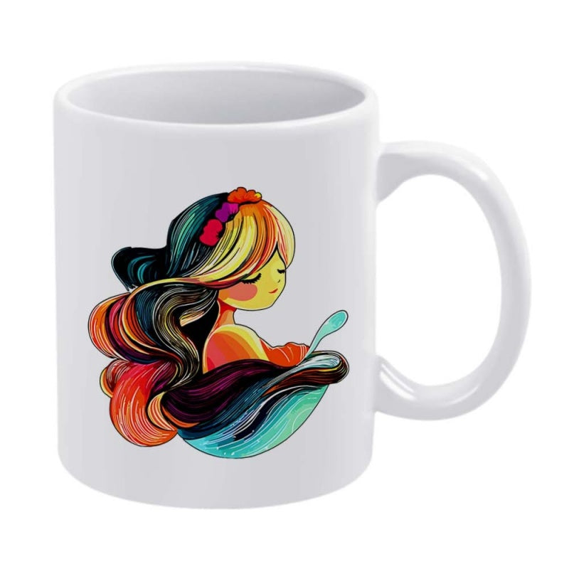 Tailorly White Ceramic 11 oz Mug - Vibrant Colorful Flowing Hair With Artistic Bow On A Serene Young Girl