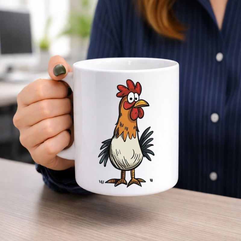 Tailorly White Ceramic 11 oz Mug - Funny Hand Drawn Style Cartoon Character With Large Eyes Standing Rooster