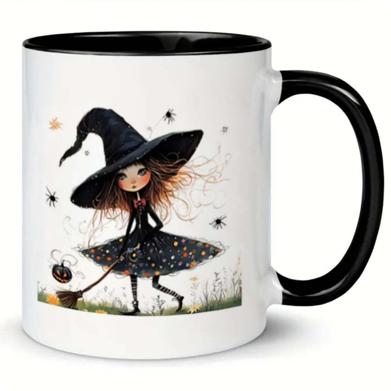Tailorly Black Accent 11 oz Mug - witch broom and spiders