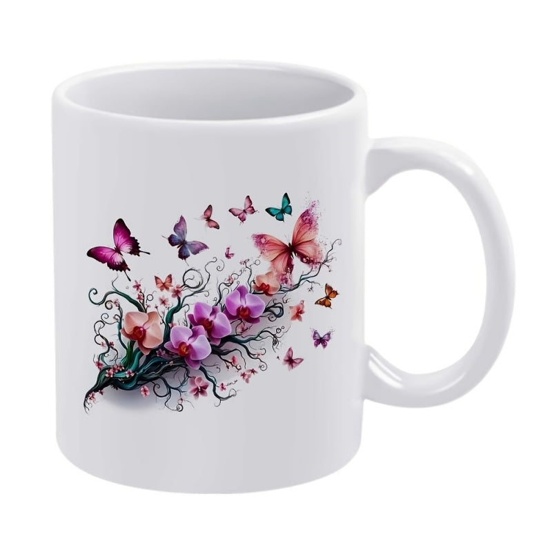 Tailorly White Ceramic 11 oz Mug - Vibrant Purple Orchids With Graceful Colorful Butterflies Dancing Among Elegant Swirls Butterfly