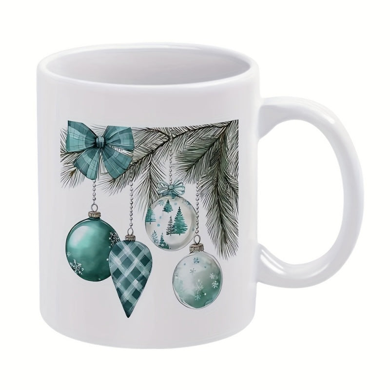 Tailorly White Ceramic 11 oz Mug - Teal Watercolor Christmas Ornaments Hanging From A Delicate Pine Branch Bauble
