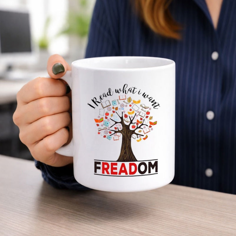 Tailorly White Ceramic 11 oz Mug - I Read What I Want Freadom Detailed Brown Tree With Colorful Books And Icons Blooming From Branches Tree