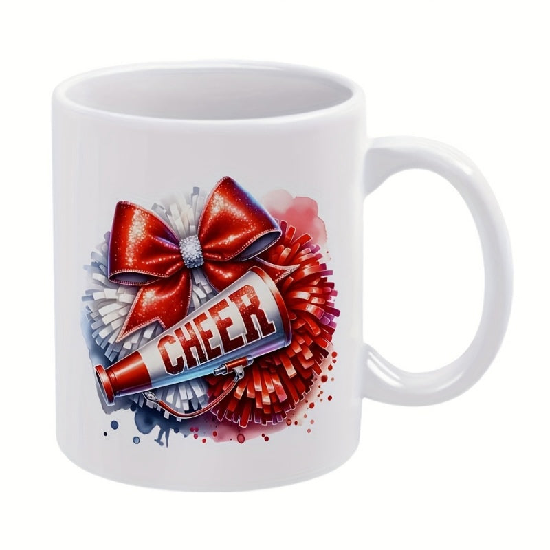 Tailorly White Ceramic 11 oz Mug - Cheer Vibrant Red Bow Among Fluffy Pom Poms And Decorative Classic Megaphone