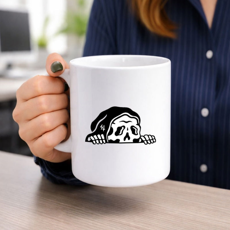 Tailorly White Ceramic 11 oz Mug - Minimalist Black And White Cloaked Skull Peeking Over Hidden Edge Reaper