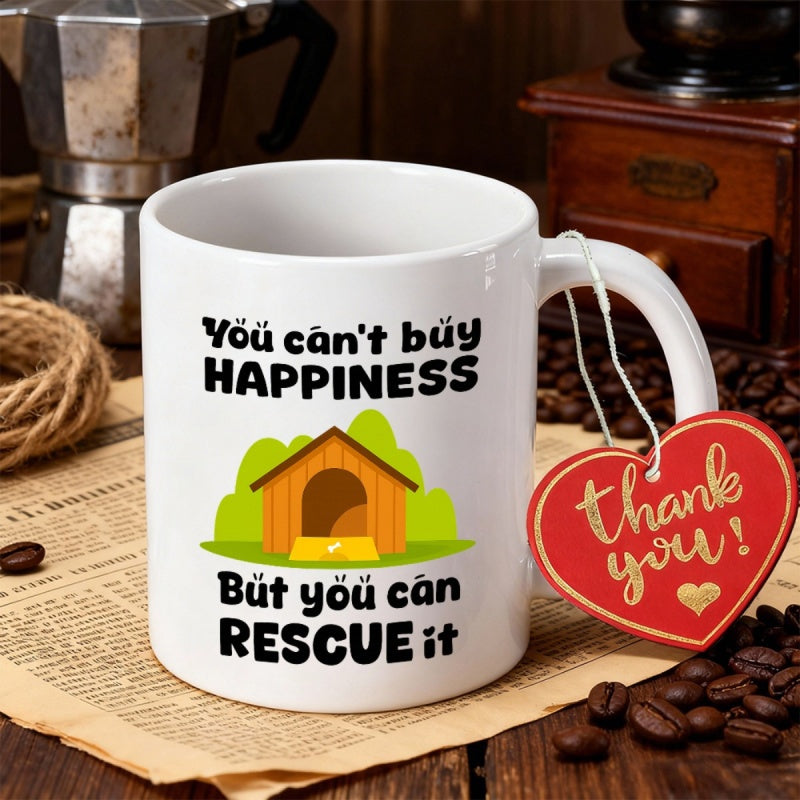 Tailorly White Ceramic 11 oz Mug - You Cant Buy Happiness But You Can Rescue It Simple Wooden Nestled Within Vibrant Green Bushes Under Soft Light Doghouse