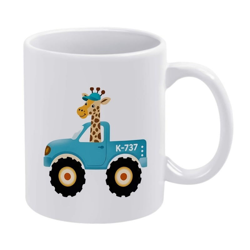 Tailorly White Ceramic 11 oz Mug - K-737 Cute Cartoon Animal Wearing Cap Driving Blue Monster Truck With Large Tires Giraffe