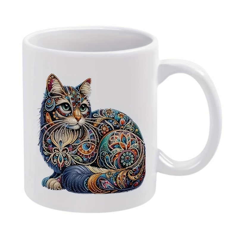 Tailorly White Ceramic 11 oz Mug - Intricate Colorful Mandala Patterns Adorning A Graceful Sitting Bohemian Style Cat