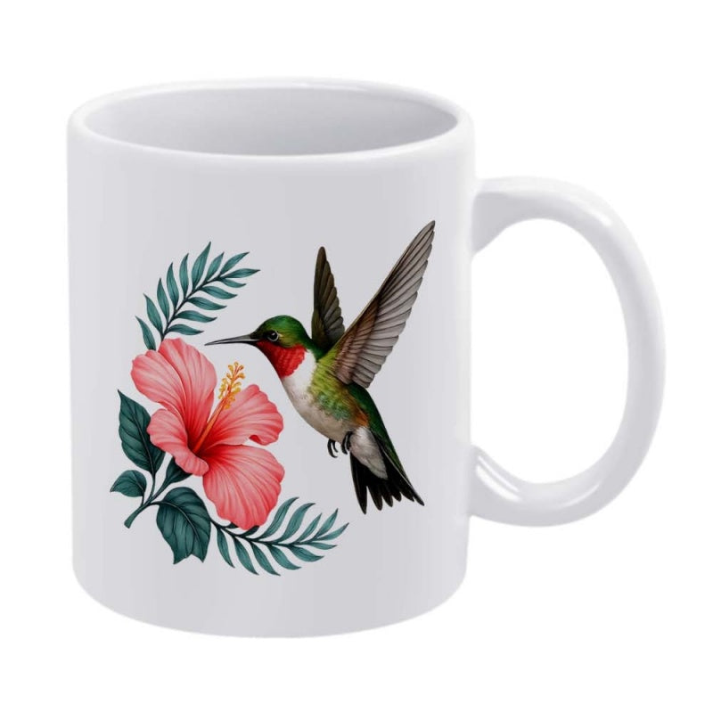 Tailorly White Ceramic 11 oz Mug - Vibrant Tropical Scene With Red Hibiscus Flower And Lush Greenery Hummingbird