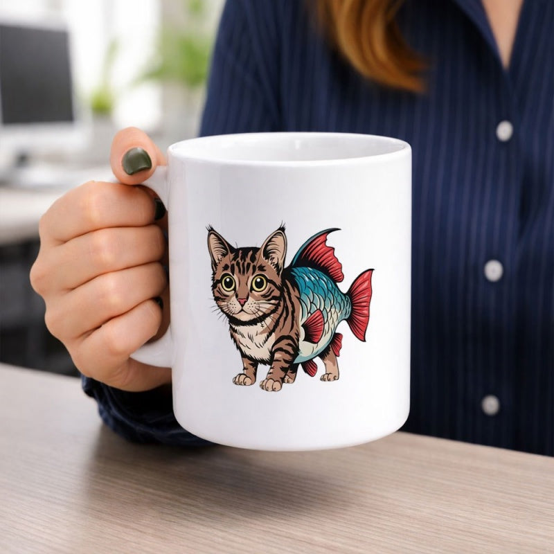 Tailorly White Ceramic 11 oz Mug - Whimsical Fantasy Creature Featuring Tabby Cat Head Combined With Colorful Tail Cat