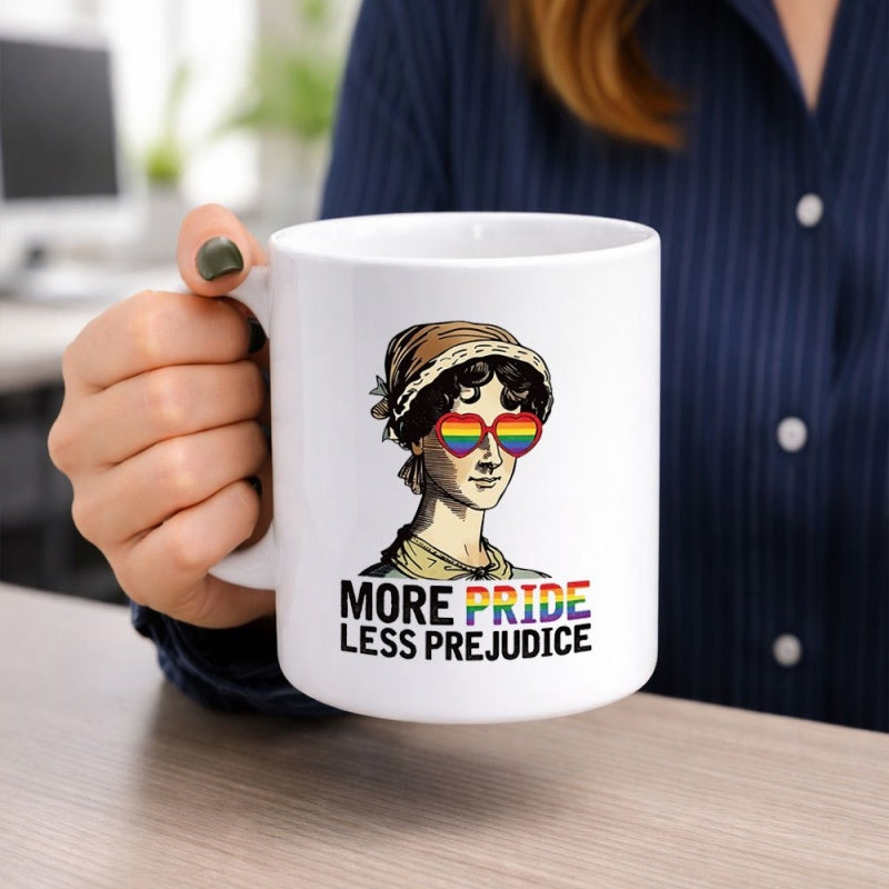 Tailorly White Ceramic 11 oz Mug - More Pride Less Prejudice Elegant Vintage Woman Wearing Rainbow Heart Sunglasses In Modern Artistic Style Portrait