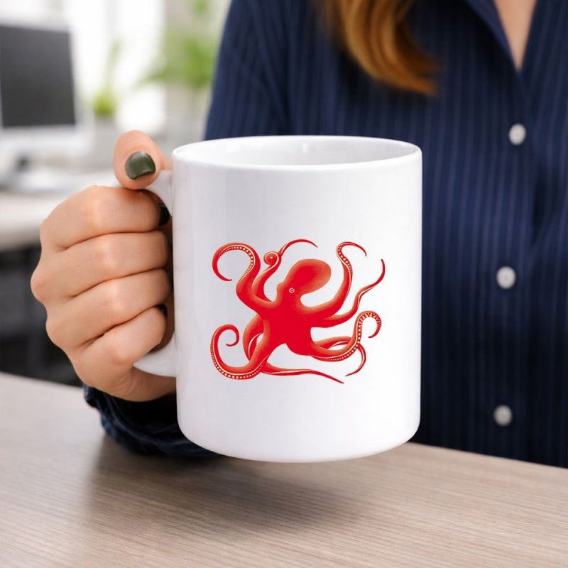 Tailorly White Ceramic 11 oz Mug - Vivid Red Sea Creature With Curled Tentacles Swimming On White Background Octopus