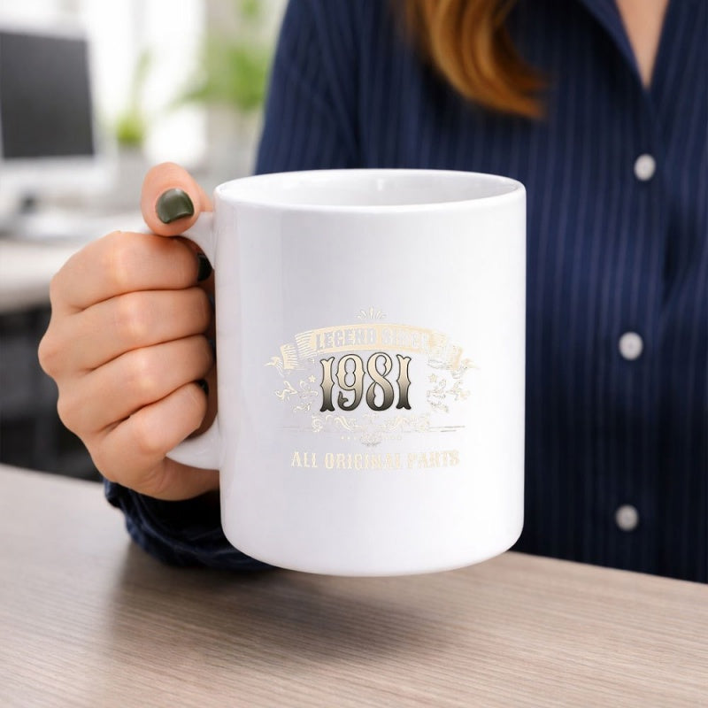 Tailorly White Ceramic 11 oz Mug - 1981 Legendary Since All Original Parts Vintage Stylized Numbers With Elegant Laurel Wreaths And Classic Decorative Elements Mug