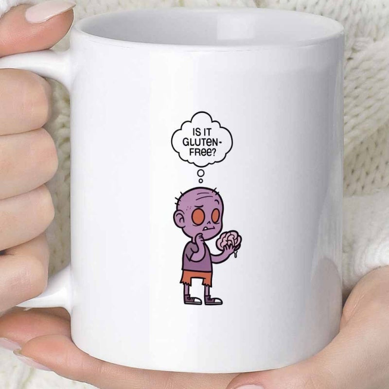Tailorly White Ceramic 11 oz Mug - Is It Gluten Free Tiny Purple Cartoon Character Holding A Brain Within Bubble Zombie