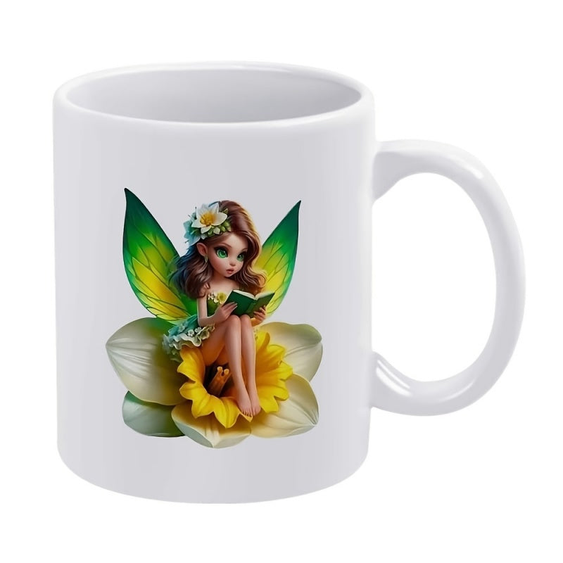 Tailorly White Ceramic 11 oz Mug - Enchanting Magical Character Reading A Green Book Sitting In Flower Fairy