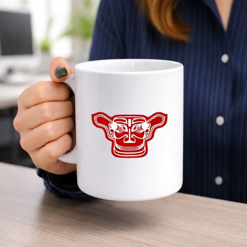 Tailorly White Ceramic 11 oz Mug - Intricate Red Line Symmetrical Tribal Art Pattern Over Totem Mask