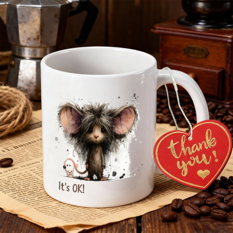 Tailorly White Ceramic 11 oz Mug - Its Ok Adorable Fluffy Creature With Big Ears Standing On White Surface Mouse