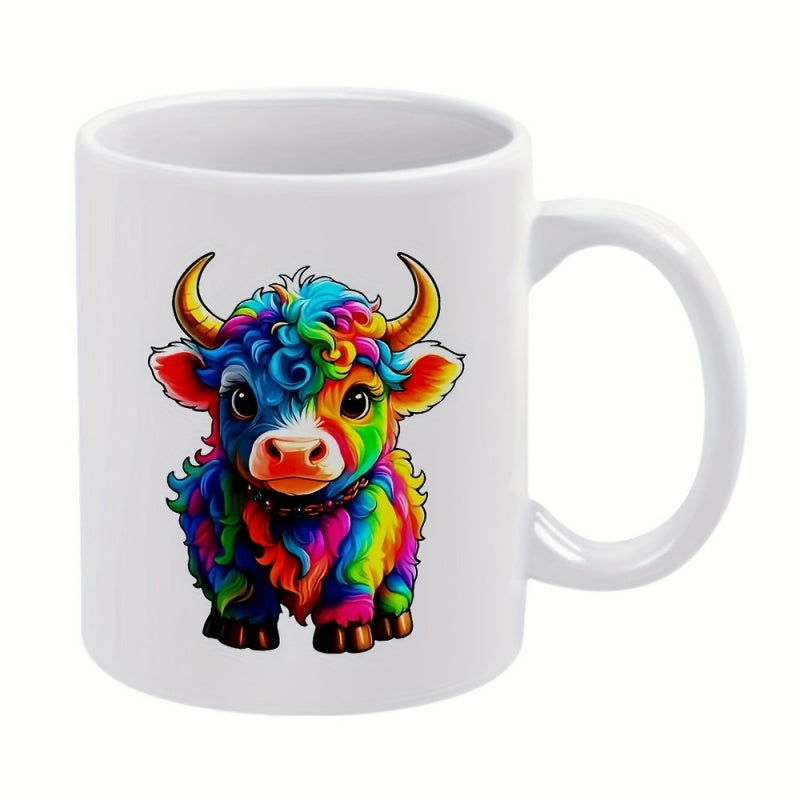 Tailorly White Ceramic 11 oz Mug - Vibrant Rainbow Colors Adorning A Cute Fluffy Baby Farm Animal Highland Cow