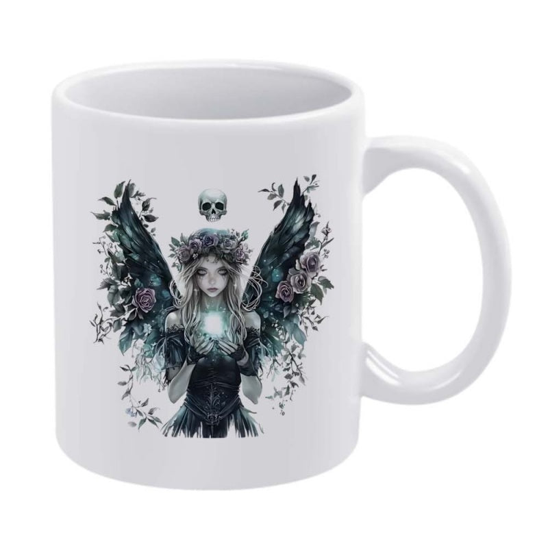 Tailorly White Ceramic 11 oz Mug - Gothic Girl With Black Wings Holding Glowing Light Among Thorns Angel