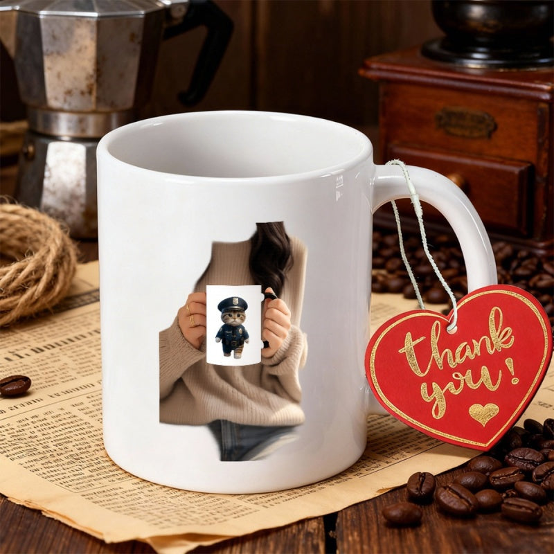 Tailorly White Ceramic 11 oz Mug - Elegant White Ceramic Featuring Illustration Of Woman Holding Personalized Coffee Mug