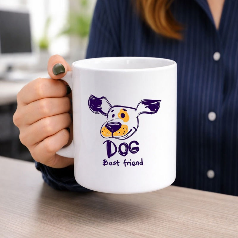 Tailorly White Ceramic 11 oz Mug - Dog Best Friend Hand Drawn Artistic Style With Floppy Ears And Colorful Spot Detail Dog