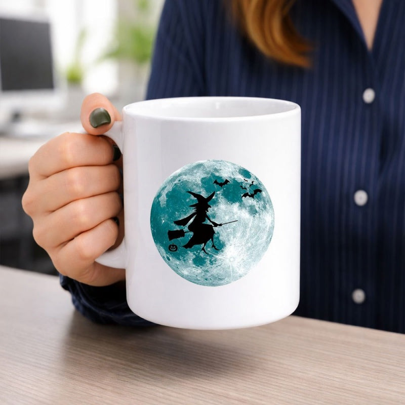Tailorly White Ceramic 11 oz Mug - Silhouette Of A Witch Flying Across A Large Glowing Moon Witch