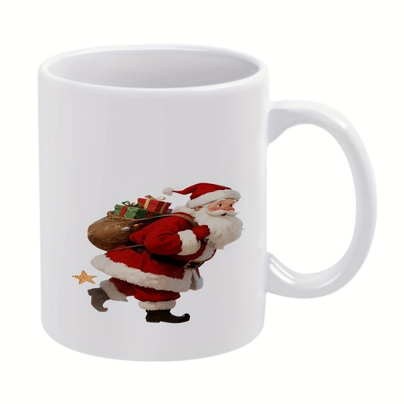 Tailorly White Ceramic 11 oz Mug - Traditional Festive Red Suited Figure Carrying A Heavy Sack Full Of Gifts Santa Claus