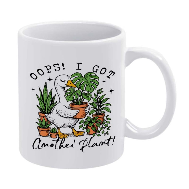 Tailorly White Ceramic 11 oz Mug - Oops I Got Another Plant Whimsical White Bird Holding Potted Monstera Near Small Succulent Greenery Duck