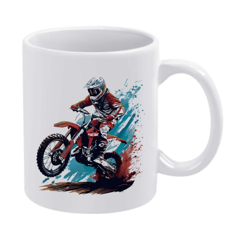 Tailorly White Ceramic 11 oz Mug - Dynamic Motocross Rider Speeding Through Colorful Paint Splatter In High Action Motorcycle