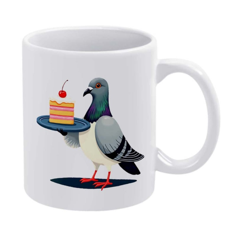 Tailorly White Ceramic 11 oz Mug - Charming Cartoon Bird Holding Tray With Sweet Strawberry Cake Slice Pigeon