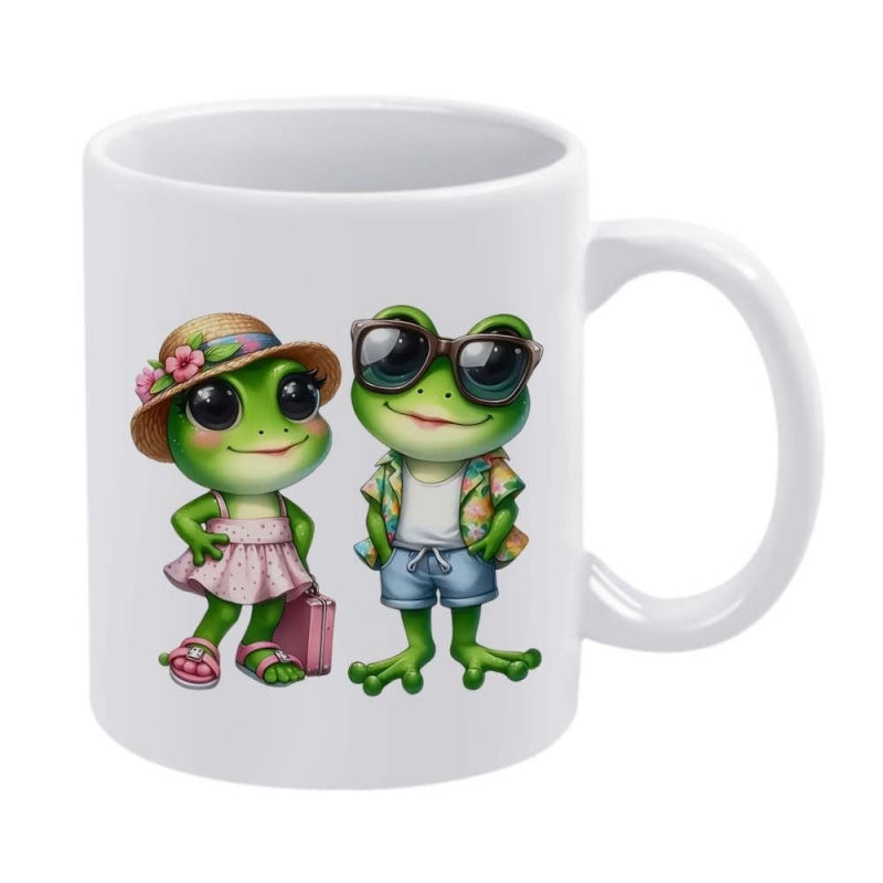 Tailorly White Ceramic 11 oz Mug - Charming Couple Of Frogs Wearing Summer Beach Outfits And Accessories Frog