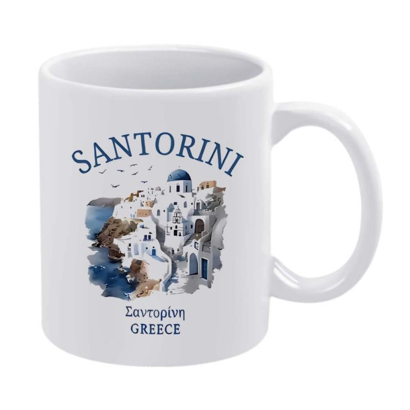 Tailorly White Ceramic 11 oz Mug - Santorini Greece Scenic Watercolor Coastal Village With Iconic Blue Dome And White Houses Landscape
