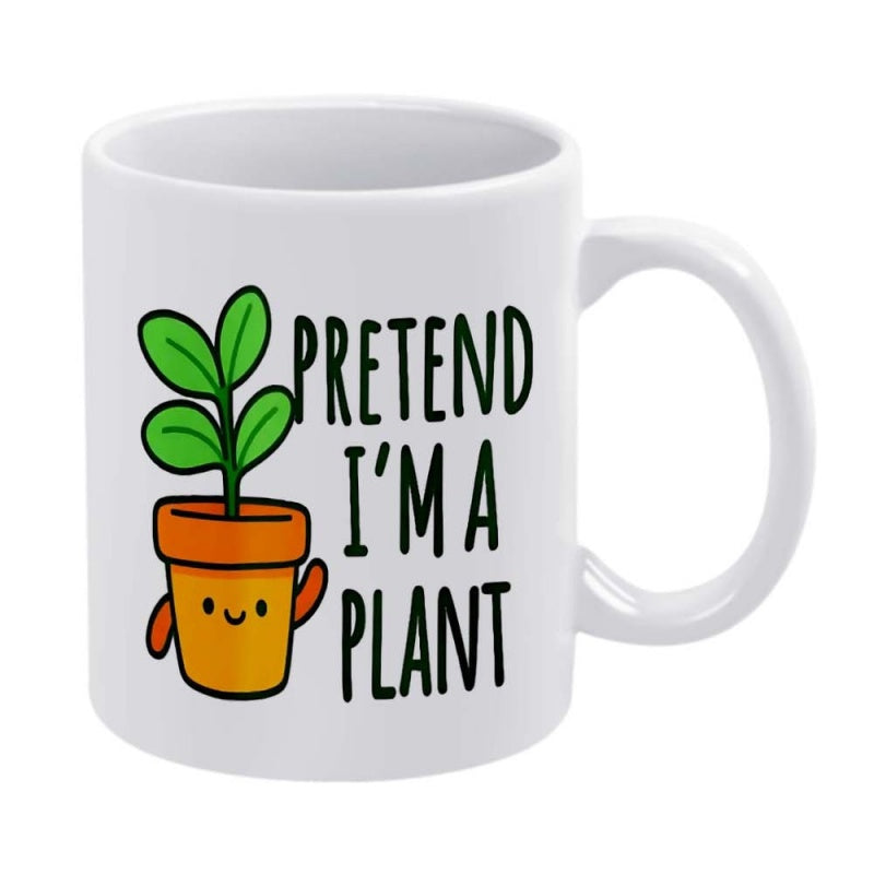 Tailorly White Ceramic 11 oz Mug - Pretend I'm A Plant Smiling Potted Succulent With Little Hands And Green Leaves Plant