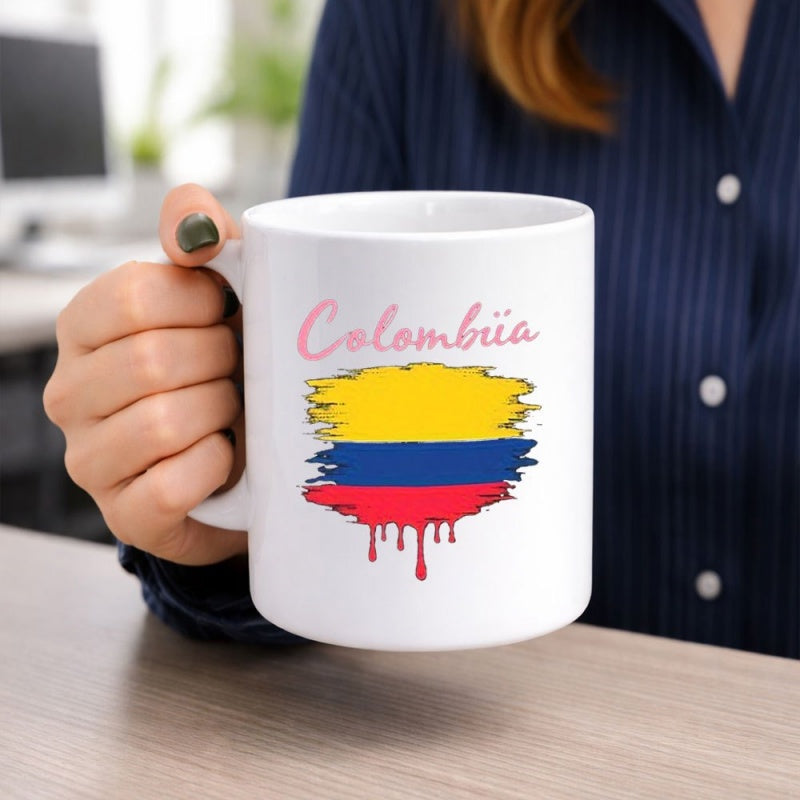Tailorly White Ceramic 11 oz Mug - Colombia Vibrant Brushstroke Paint Splatter Style National Flag Of South America Colombia