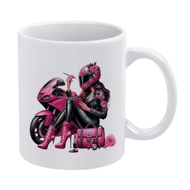 Tailorly White Ceramic 11 oz Mug - Stylish Woman Wearing Helmet Sitting Near A Vibrant Pink Sporty Motorcycle