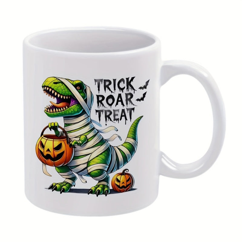 Tailorly White Ceramic 11 oz Mug - Trick Roar Treat Spooky Mummy Rex Carrying Pumpkin Lantern Among Flying Bats Halloween Dinosaur
