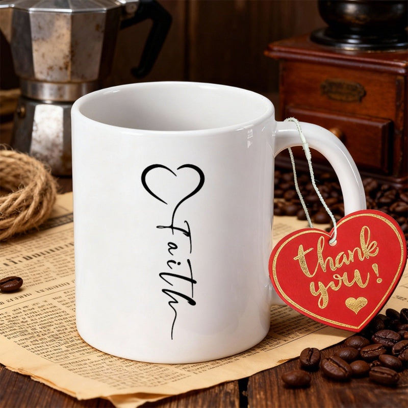 Tailorly White Ceramic 11 oz Mug - Faith Minimalist Black Heart Script Connected To Vertical Handwritten Text Coffee Mug