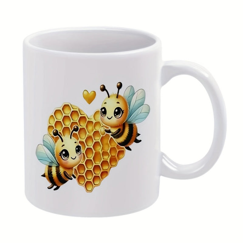 Tailorly White Ceramic 11 oz Mug - Adorable Little Honeybees Buzzing Around A Golden Heart Shaped Honeycomb Bee