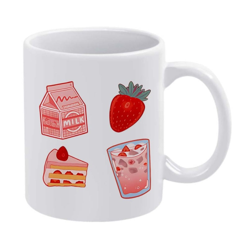 Tailorly White Ceramic 11 oz Mug - Milk Sweet Pink Cake And Refreshing Drink In Cute Cartoon Strawberry