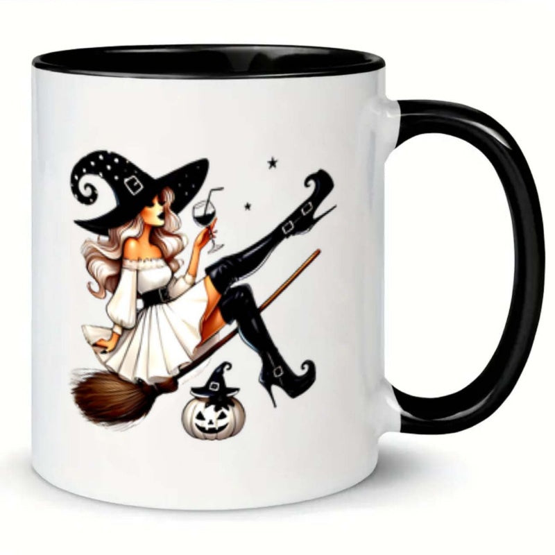 Tailorly Black Accent 11 oz Mug - witch broom pumpkin funny text