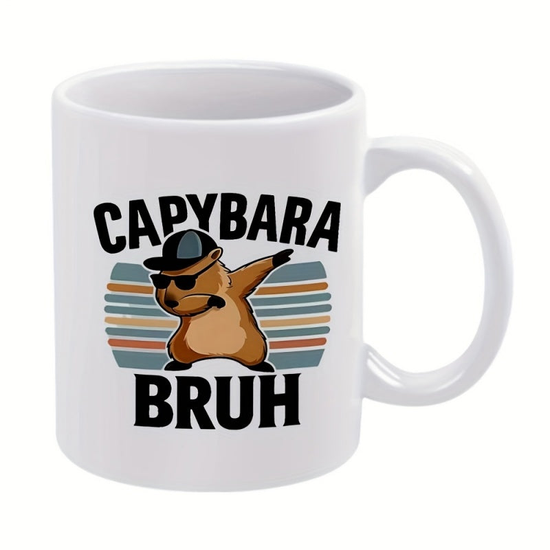 Tailorly White Ceramic 11 oz Mug - Capybara Bruh Retro Sunset Background With Dabbing Wearing Sunglasses And Hat Capybara