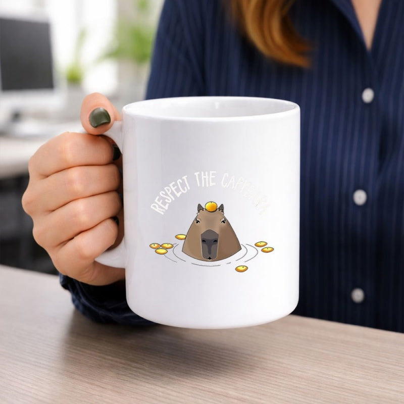 Tailorly White Ceramic 11 oz Mug - Respect The Capybara Cute Animal Resting In Calm Water With A Small Yuzu Fruit Capybara