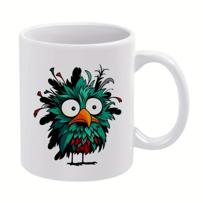 Tailorly White Ceramic 11 oz Mug - Fluffy Teal Feathers With Large Round Eyes And Spiky Messy Plumage Bird