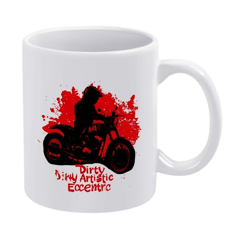 Tailorly White Ceramic 11 oz Mug - Dirty Artistic Eccentric Black Silhouette Rider With Red Paint Splatter On Vintage Street Motorcycle