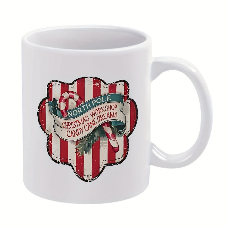Tailorly White Ceramic 11 oz Mug - North Pole Christmas Workshop Candy Cane Dreams Vintage Festive Badge Featuring Red Stripes And Evergreen Foliage Candy Cane