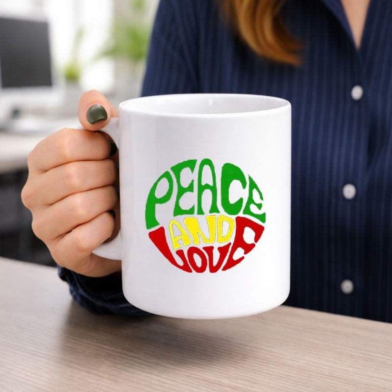 Tailorly White Ceramic 11 oz Mug - Peace And Love Green Yellow And Red Circular Text Pattern On